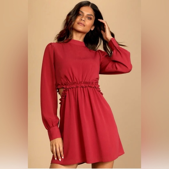 Lulus Autumn Bliss Rusty Rose Long Sleeve Cutout Mini Dress Size L - Picture 2 of 16